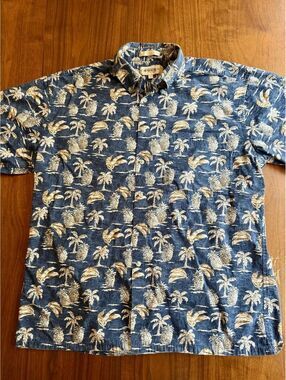 Campia Moda Men's Blue Tropical Palm Button Front Hawaiian Shirt - Size L